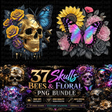 Gothic Floral Skulls Bees PNG Bundle | Special Effects, 300 DPI (Digital Download)